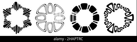 Set di quattro ornamenti circolari astratti, ornamenti etnici disegnati a mano, cornici a strisce. Motivi decorativi, isolati su sfondo bianco. Illustrazione Vettoriale