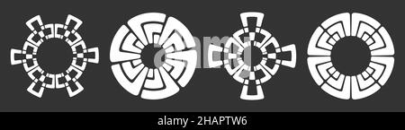 Set di quattro ornamenti circolari astratti, motivi etnici, antichi ornamenti, segni. Motivi decorativi isolati su sfondo nero. Elementi di progettazione. Illustrazione Vettoriale