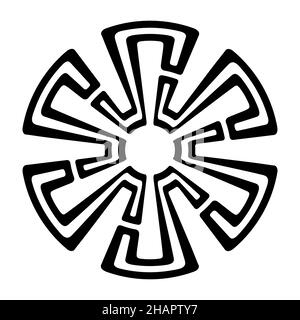 Ornamento circolare astratto. Simbolo etnico isolato. Rosetta di elementi geometrici. Motivo etnico tribale. Tatuaggio stencil e stampe. Vettore rotondo. Illustrazione Vettoriale