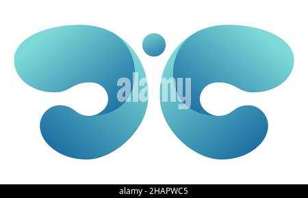 Logo astratto, segno. Farfalla sfumata nei colori turchesi. Icona del logotipo vettoriale. Isolato su sfondo bianco. Forma a gradiente simmetrica colorata. Illustrazione Vettoriale