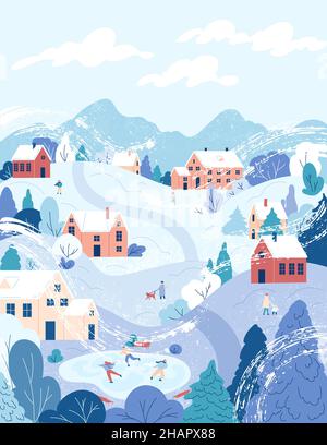 Inverno stagione Inverno paesaggio sfondo Inverno attività all'aperto. Illustrazione Vettoriale