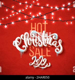 Modello di vendita caldo di Natale. Poster di invito per la vendita di Capodanno 2022 a dicembre. Illustrazione vettoriale. Illustrazione Vettoriale