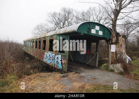 Trasporto passeggeri installato come ponte pedonale sul fiume Slatina vicino al villaggio di Vígľaš vicino a Zvolen in Slovacchia. Il trasporto passeggeri di classe 2nd datato dal 1931 prodotto da Ringhoffer Prague è stato installato nel 1960s da abitanti locali per brevi tratti da Dolinka a Hájnik. Foto Stock