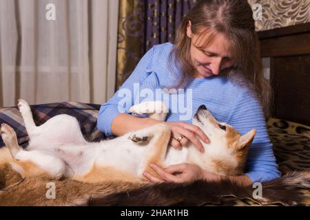 Concetto di amante degli animali domestici. Una donna che si diverte con un cane Shiba Inu su un letto in una camera da letto. Foto Stock