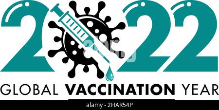 il 2022 è l'anno della vaccinazione globale del covid-19 e della vittoria sul coronavirus. Modello vettoriale per invito, volantino, poster, biglietto di auguri. Illustrazione Vettoriale