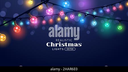 Brillanti catene di luce fiabe colorate di natale. Illustrazione vettoriale dello sfondo delle festività. Illustrazione Vettoriale