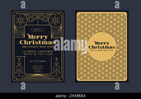 Sfondo di design con grottings di Natale con dettagli in oro in stile art deco degli anni '20 e '30. Illustrazione vettoriale della cornice festiva. Illustrazione Vettoriale