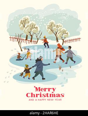 Persone tra cui familiari e amici che si divertono mentre pattinano su una pista di pattinaggio su ghiaccio. Illustrazione vettoriale di Natale e inverno. Illustrazione Vettoriale