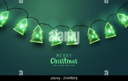 Realizitc verde albero di natale fata luci decorazioni. Illustrazione vettoriale. Illustrazione Vettoriale