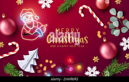Allegra decorazione natalizia sfondo per eventi con decorazioni e luci natalizie. Illustrazione vettoriale. Illustrazione Vettoriale