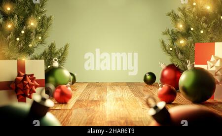 Sfondo natalizio con alberi di natale, decorazioni e regali. 3D illustrazione. Foto Stock