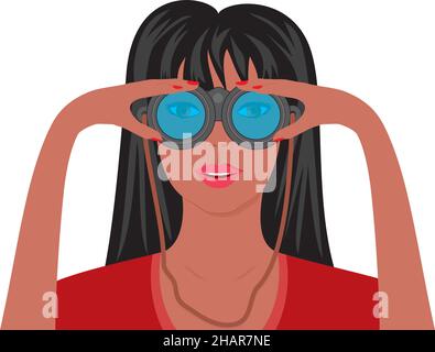 Donna fredda con binocolo. Illustrazione vettoriale. EPS10. Illustrazione Vettoriale