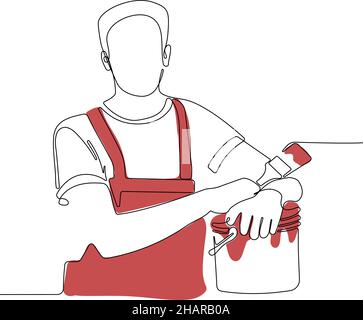 Pittore che indossa guanti pittura parete con rullo Illustrazione Vettoriale