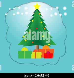 L'albero di Natale è decorato con palle e scatole di regalo colorate alla base. Foto Stock