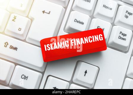 Segno che mostra finanziamento islamico. Parola scritta su attività e investimenti bancari che rispetta sharia editing and Publishing Online News Foto Stock