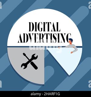 Didascalia di testo Presentazione della pubblicità digitale. Internet Concept Online Marketing consegna messaggi promozionali Campagna uomo disegno tenendo grafico torta Foto Stock