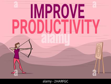 La scrittura a mano migliora la produttività. Parola scritta su migliorare la qualità del tempo di input e prestazioni Lady Archer Illustrazione Holding Bow puntamento Foto Stock