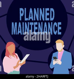 Ispirazione che mostra la firma manutenzione pianificata. Concetto che significa controlli da eseguire programmati su base regolare Illustrazione dei partner occupati Foto Stock