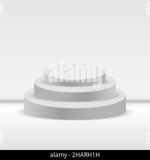 Modello podio a tre livelli in colore grigio. Elemento decorativo. Foto Stock
