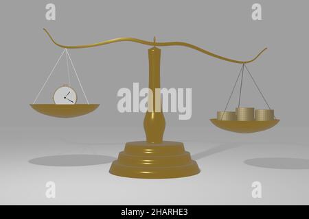 Saldo tempo vs denaro. 3d rendering di un orologio contro un mucchio di soldi su una scala. Foto Stock