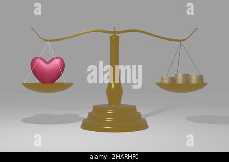 Saldo amore vs denaro. 3d resa di un cuore contro un mucchio di soldi su una scala. Foto Stock