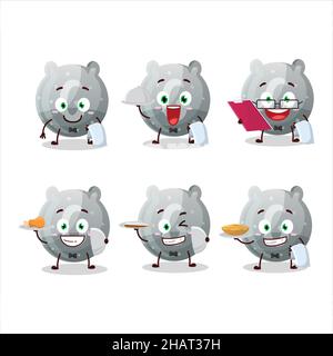Felice grigio caramella gummy G cameriere personaggio cartoon tenendo un piatto. Illustrazione vettoriale Illustrazione Vettoriale