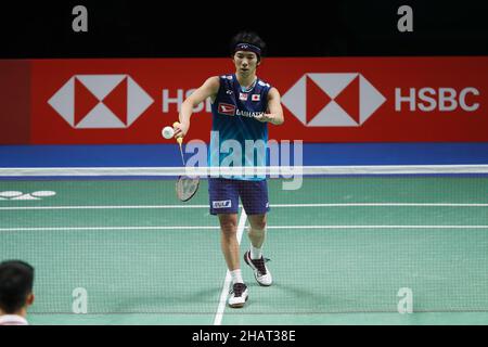 Huelva, Spagna. 14th Dic 2021. Koki Watanabe (JPN) Badminton : Watanabe del Giappone durante la partita di Mens Singles 2nd contro Peng della Cina sul BWF 'TotalEnergies BWF World Championships 2021' al Palacio de Los Deportes Carolina Marin a Huelva, Spagna . Credit: Mutsu Kawamori/AFLO/Alamy Live News Foto Stock