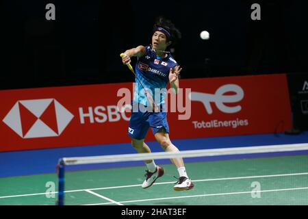 Huelva, Spagna. 14th Dic 2021. Koki Watanabe (JPN) Badminton : Watanabe del Giappone durante la partita di Mens Singles 2nd contro Peng della Cina sul BWF 'TotalEnergies BWF World Championships 2021' al Palacio de Los Deportes Carolina Marin a Huelva, Spagna . Credit: Mutsu Kawamori/AFLO/Alamy Live News Foto Stock