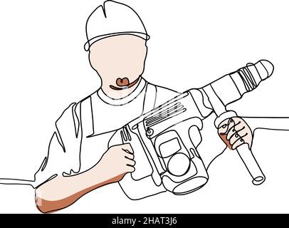 Disegno continuo di una linea di ingegnere donna indossando casco uniforme e di sicurezza Illustrazione Vettoriale