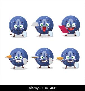 Happy blu caramella gommosa Un personaggio del fumetto cameriere che tiene un piatto. Illustrazione vettoriale Illustrazione Vettoriale