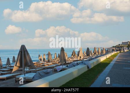 sentiero verso il mare circondato da palme e alberi. Messa a fuoco selettiva. Nessuna persona. Cielo del tramonto. Spazio di copia Foto Stock