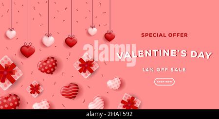 poster di vendita giorno di san valentino con cuori realistici e scatole regalo Illustrazione Vettoriale