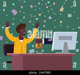 Il riuscito uomo d'affari nero gioioso riceve un sacchetto di soldi dallo schermo del calcolatore. Guadagna soldi online, successo finanziario, vinci il premio della lotteria. Caduta Illustrazione Vettoriale