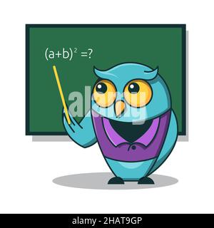 OWL Bird insegnante Math Blackboard Educazione Scuola personaggio Cartoon Illustrazione Vettoriale