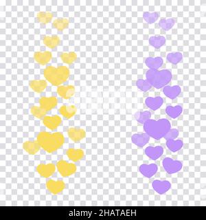 Un insieme di mi piace nel live stream è un cuore icona volante. Il contatore utenti mi piace per i video online. Cuori viola e giallo in pastello alla moda Illustrazione Vettoriale