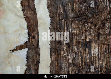 Legno compensato vecchio e un panno tattered. Tovaglia sporca strappata a strisce su un tavolo di legno carred. Vista dall'alto. Messa a fuoco selettiva. Foto Stock