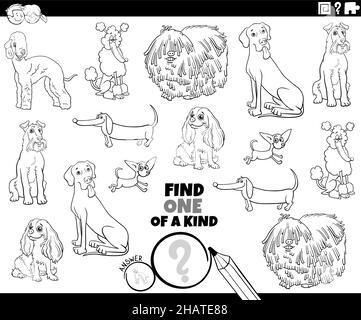 Illustrazione cartoon in bianco e nero di trova uno di un tipo di gioco educativo immagine con cani purredi animali caratteri colorare pagina libro Illustrazione Vettoriale