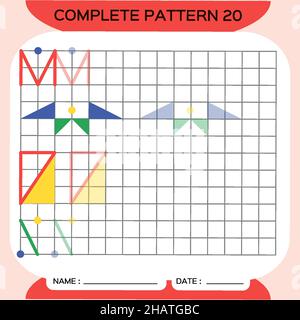 Ripetizione pattern, Puzzle. Copia immagine. Speciale per bambini in età prescolare. Foglio di lavoro stampabile per bambini per esercitarsi sulle abilità fini del motore. Imparare i colori. Attenzione E. Illustrazione Vettoriale