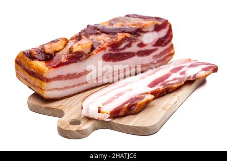 Pancetta, asse di legno, disco, asse, naturalmente, Taglio, qualità, pezzo, chiuso, austriaco, Cibo, fette, Austria, bello, bianco, Sfondo, Steiermark, St Foto Stock