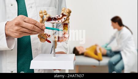 Modello anatomico dell'intestino con patologia nelle mani del medico. Il gastroenterologo palpata l'addome del paziente ed esamina il ventre alla clinica sullo sfondo Foto Stock