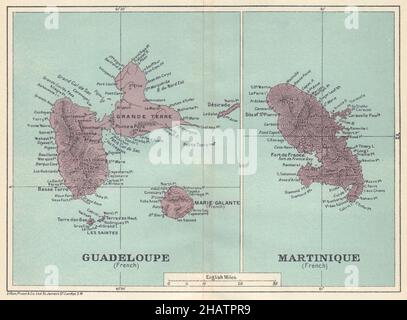 ANTILLE FRANCESES. Martinica Guadalupa. Mappa d'epoca delle Indie Occidentali francesi 1923 Foto Stock