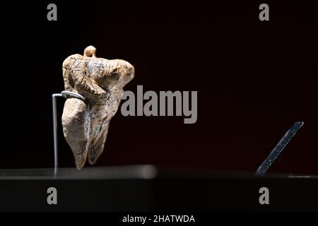 15 dicembre 2021, Baden-Wuerttemberg, Blaubeuren: La più antica rappresentazione figurativa di un essere umano al mondo si trova in una vetrina illuminata. La cosiddetta Venere dei Fel Hohle è alta circa sei centimetri, fatta di avorio di mammut e di circa 40.000 anni. La statuetta di Venere scolpita è stata scoperta nel settembre 2008 durante gli scavi nella grotta carsica di Hohle Fels ai piedi meridionali dell'Albo Svevo vicino a Schelklingen. La statuetta Venere è originaria della cultura del Paleolitico superiore dell'Aurignaciano. Il Museo Preistorico (urmu) nel sito patrimonio mondiale dell'UNESCO sarà Foto Stock