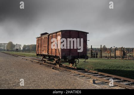 Vecchio carro di trasporto dei prigionieri ad Auschwitz II - Birkenau, ex campo di concentramento e sterminio nazista tedesco - Polonia Foto Stock