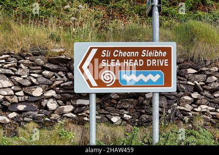 Segnaletica stradale, segnaletica stradale Irish Coastal Road Wild Atlantic Way, strada panoramica Slea Head Drive, Dingle Peninsula, Kerry, Irlanda Foto Stock