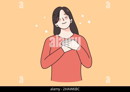 Felice calma giovane donna tenere le mani al petto si sentono grati e grati a cuore. Ragazza sorridente mostra amore, compassione e cura. Superstizione e fede. Credente femminile. Illustrazione vettoriale. Illustrazione Vettoriale