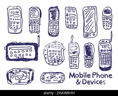 Fumetti fumetti phoones e dispositivi mobili. Set di schizzi vettoriali. Disegno realmente dei bambini. Illustrazione Vettoriale