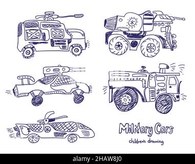 Fumetti di auto militari. Set vettoriale. Disegno realmente dei bambini. Illustrazione Vettoriale