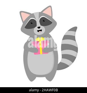 Carino ragazzo di raccoon cartone animato con un regalo Illustrazione Vettoriale