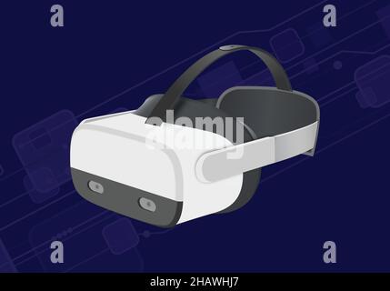3D cuffie realistiche per realtà virtuale su sfondo blu. Illustrazione Vettoriale