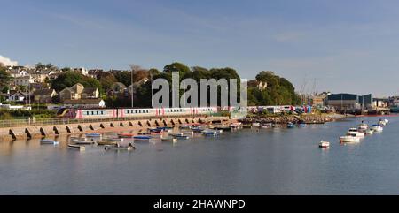 Un treno Cross Country che passa per il porto di Teignmouth, South Devon, servizio 1V46 la 0645 York a Plymouth. Foto Stock